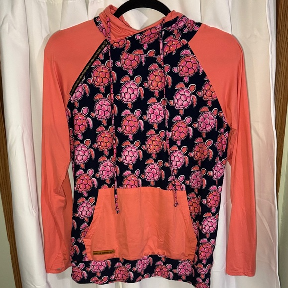 Simply Southern Tops - Simply Southern Double Hood Pullover-Pink Coral & Navy with Turtles - Large